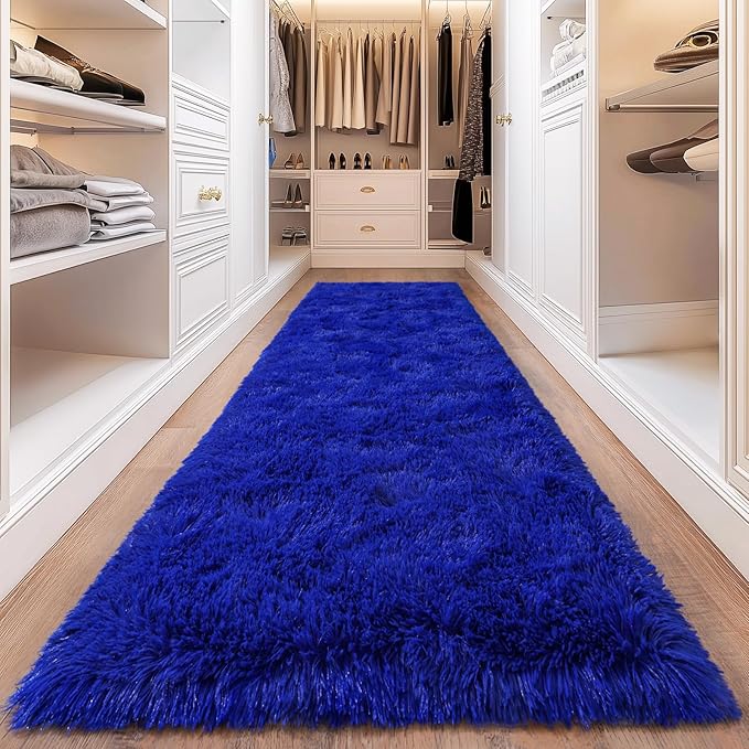 Blue Runner Rug for Hallway, Bedroom Bedside Plush Rugs, Non Slip Fluffy Shaggy Carpet for Kids Home Decor, Dorm Nursery 2x6 Ft
