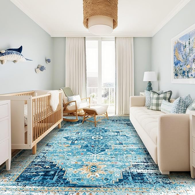 ANSSO 8x10 Rugs for Living Room, Large Washable Area Rugs with Non Slip Backing, Vintage Soft Low Pile Floor Mat Indoor for Bedroom, Dining Room Playroom Nursery (Aqua Blue)