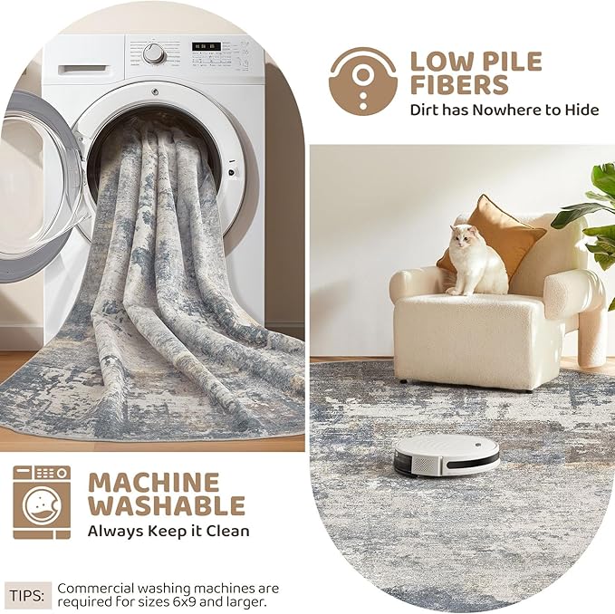 5x7 Area Rug Living Room Rugs - Washable Neutral Modern Abstract Soft Thin Large Rug Indoor Floor No Slip Rug Carpet for Bedroom Under Dining Table Home Office Decor - Blue Grey