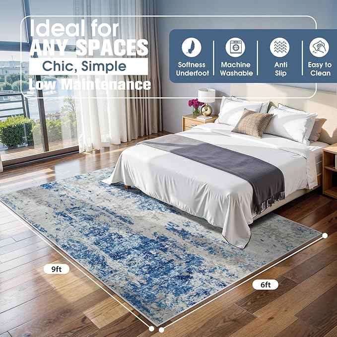 6x9 Area Rugs for Living Room Rug Washable: Abstract Rug for Dining Room Bedroom Carpet Non Slip 6 by 9 Indoor Modern Nursery Home Office Blue Grey White