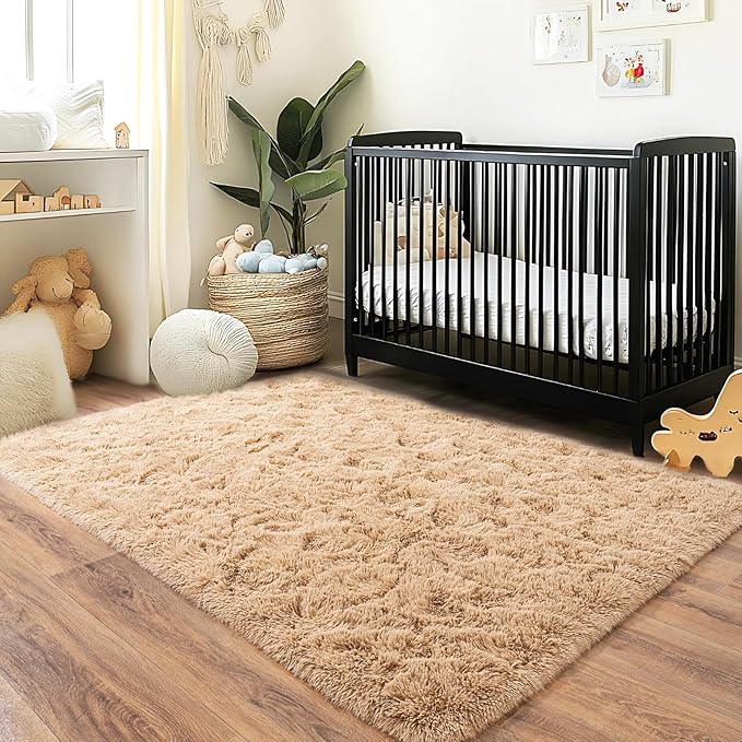Fluffy Area Rug for Bedroom 4x6 Feet, Indoor Plush Carpet, Shag Soft Bedside Rug, Cute Comfy Furry Rug for Living Room Dorm Girls Boys Room Nursery Decor, Camel