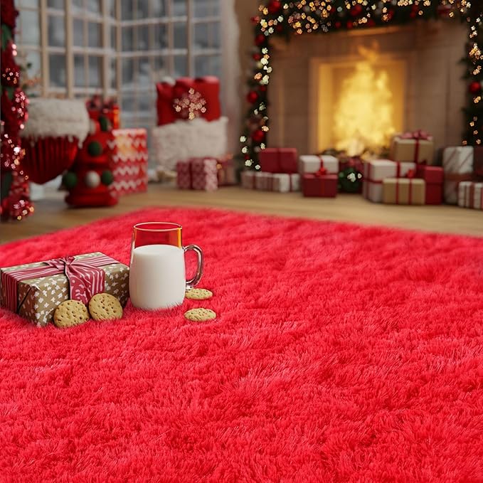 Red Fluffy Rug Plush Carpet for Bedroom Dorm, Non-Slip High Pile Rug, Shag Rug for Playroom Nursery Home Office Decor 9X12 Ft