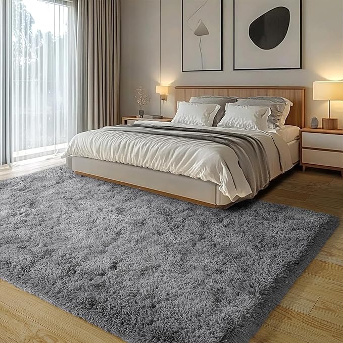 Dark Gray Fluffy Rug Plush Carpet for Bedroom Dorm, Non-Slip High Pile Rug, Shag Rug for Playroom Nursery Home Office Decor 9X12 Ft