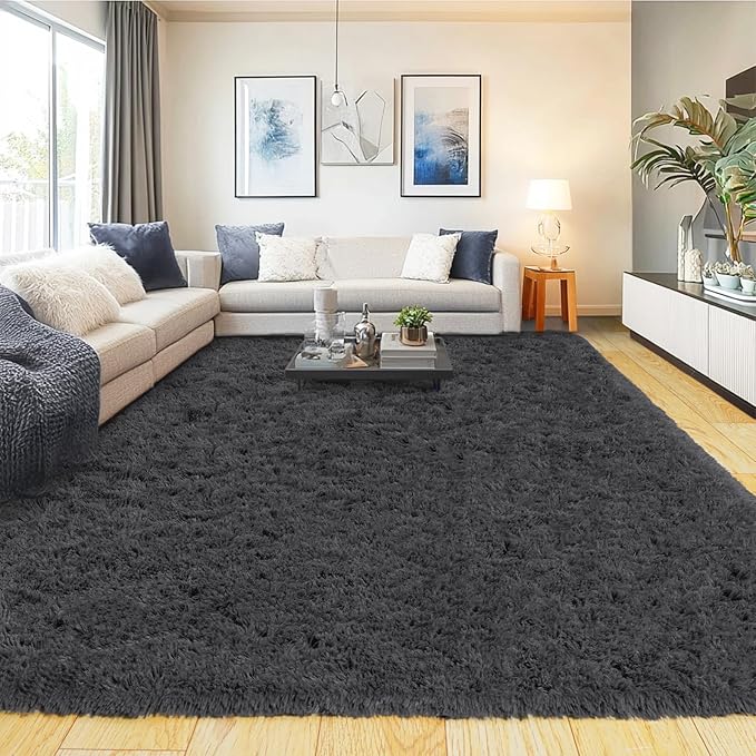 8x10 Rug for Living Room, Fuzzy Plush Large Area Rug, Fluffy Modern Shag Non Slip Soft Furry Carpet for Bedroom Kids Room Nursery Teens Dorm Home Decor, Charcoal Grey