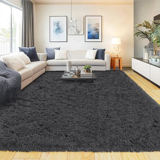 8x10 Rug for Living Room, Fuzzy Plush Large Area Rug, Fluffy Modern Shag Non Slip Soft Furry Carpet for Bedroom Kids Room Nursery Teens Dorm Home Decor, Charcoal Grey