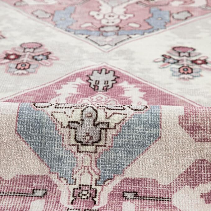 Rineflo-8'x10' Area Rugs,Machine Washable Rug for Living Room Dinner Room Bedroom,Bohemian Style Soft Non Slip Rug Carpet,Oriental Vintage Low Pile Large Area Rug (Pink, 8'x10')