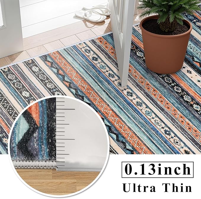 10x14 Rug for Living Room Washable, Large Striped Farmhouse Area Rugs for Bedroom Soft Ultra Thin Indoor Carpet Non Slip Stain Resistant Dining Room Rug Waterproof Southwest Style, 10x14 Blue/Multi