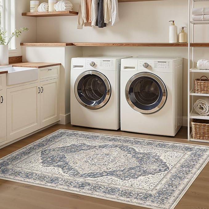 3x5 Washable Entryway Rug: Non-Slip Soft Indoor Throw Area Rug for Living Room Bedroom Kitchen, Boho Floral Distressed Durable Carpet for Hallway Bathroom Laundry Home Decor (Blue/Beige)