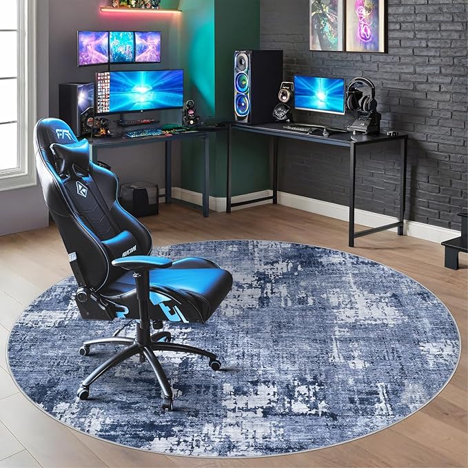 8ft Round Area Rug Living Room Rugs - 8x8 Washable Large Soft Indoor Neutral Modern Abstract Low Pile Rug Carpet for Bedroom Dining Room Farmhouse Home Office - Navy Blue