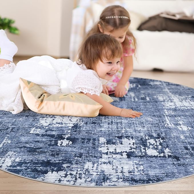 6ft Round Area Rug Living Room Rugs - 6x6 Washable Large Soft Indoor Neutral Modern Abstract Low Pile Rug Carpet for Bedroom Dining Room Farmhouse Home Office - Navy Blue