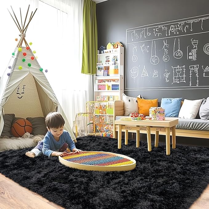 8x10 Rug for Living Room, Fuzzy Plush Large Area Rug, Fluffy Modern Shag Non Slip Soft Furry Carpet for Bedroom Kids Room Nursery Teens Dorm Home Decor, Black