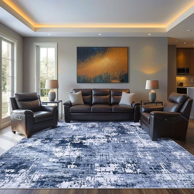 Area Rug Living Room Rugs - 10x12 Large Soft Indoor Neutral Modern Abstract Low Pile Washable Rug Carpet for Bedroom Dining Room Farmhouse Home Office - Navy Blue
