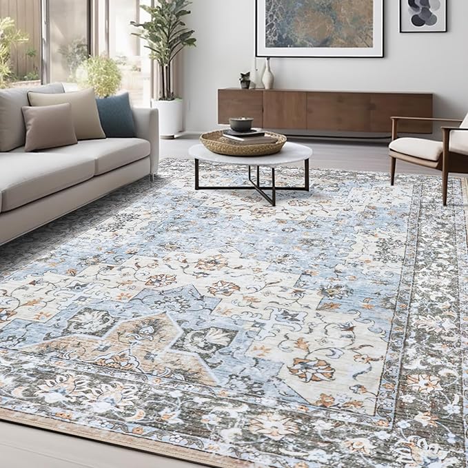 Area Rug 8x10 Machine Washable Rug Vintage Traditional Floor Cover Foldable Thin Retro Indoor Non Slip Carpet Floral Print Mat Bedroom Living Room Dining Room Office,Dahlia Blue