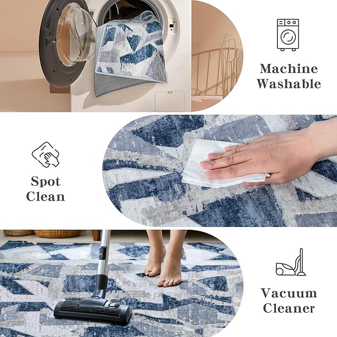 8X10 Area Rugs for Living Room Bedroom,Modern Abstract Large Carpet Washable Rugs 8x10 for Dining Room Office,Non Slip Blue Print Faux Wool Thin 8 by 10 Indoor Nursery Kids Home Pet & Child Friendly