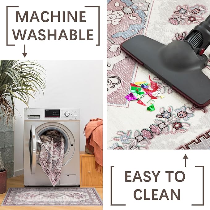 Rineflo-8'x10' Area Rugs,Machine Washable Rug for Living Room Dinner Room Bedroom,Bohemian Style Soft Non Slip Rug Carpet,Oriental Vintage Low Pile Large Area Rug (Pink, 8'x10')