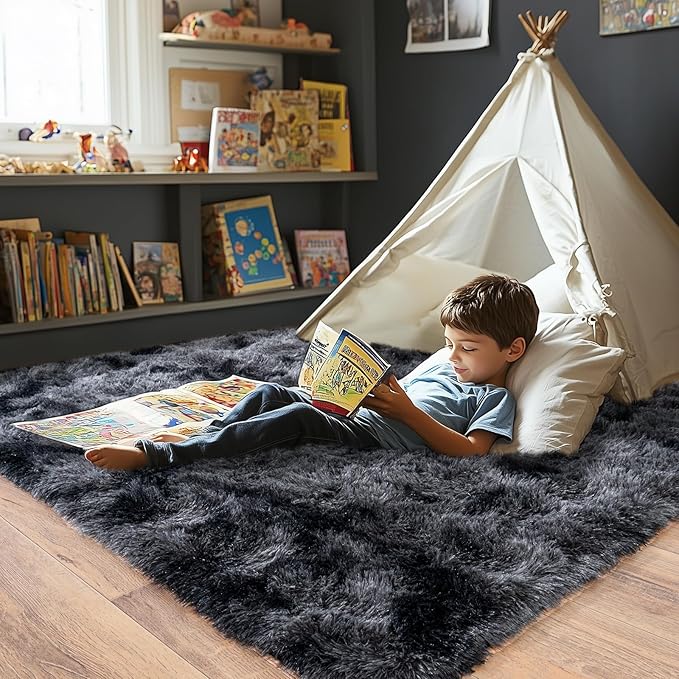 Fluffy Area Rug for Bedroom 4x6 Feet, Indoor Plush Carpet, Shag Soft Bedside Rug, Cute Comfy Furry Rug for Living Room Dorm Girls Boys Room Nursery Decor, Dark Grey