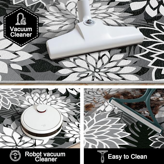 Area Rug 3x5 Black White Washable Entry Rug Multicolored Tropical Botanical Modern Floral Indoor Kitchen Door Mat Entrance Carpet Non Slip for Bedroom Living Room, Porch