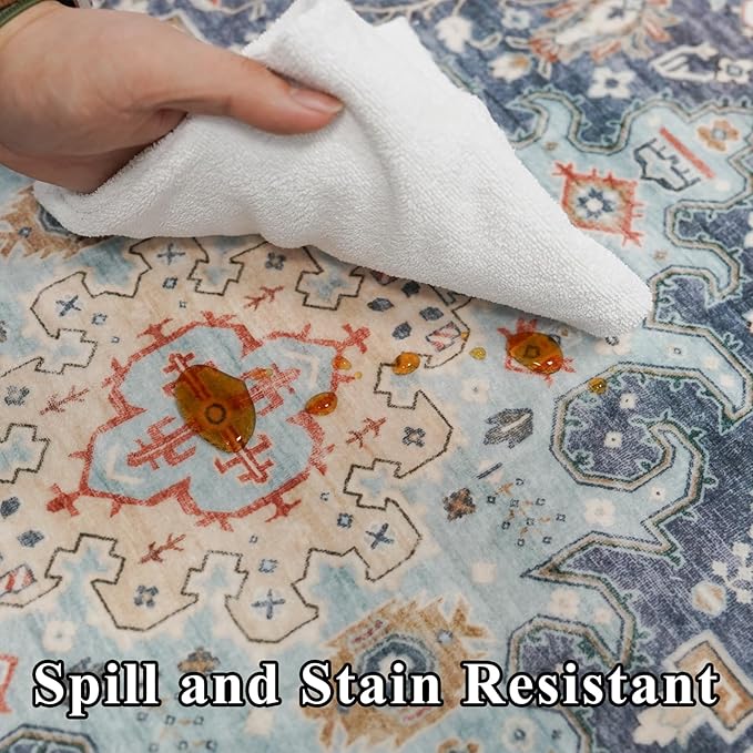 10x14 Area Rugs Living Room: Extra Large Washable Area Rug Super Soft Distressed Oriental Rugs with Non-Slip Backing Farmhouse Rug Low Pile Thin Stain Resistant Indoor Carpets 10'x14' Blue/Multi