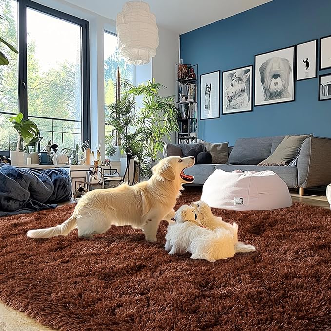 Brown Plush Rug for Living Room Fuzzy Carpet for Bedroom Dorm, Non-Slip High Pile Rug, Shag Rug for Playroom Nursery Home Office Decor 9X12 Ft