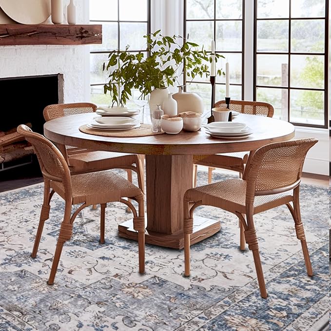 Area Rug 5x7 Machine Washable Rug Vintage Traditional Floor Cover Foldable Thin Retro Indoor Non Slip Carpet Floral Print Mat Bedroom Living Room Dining Room Office,Numerous Flower Blue