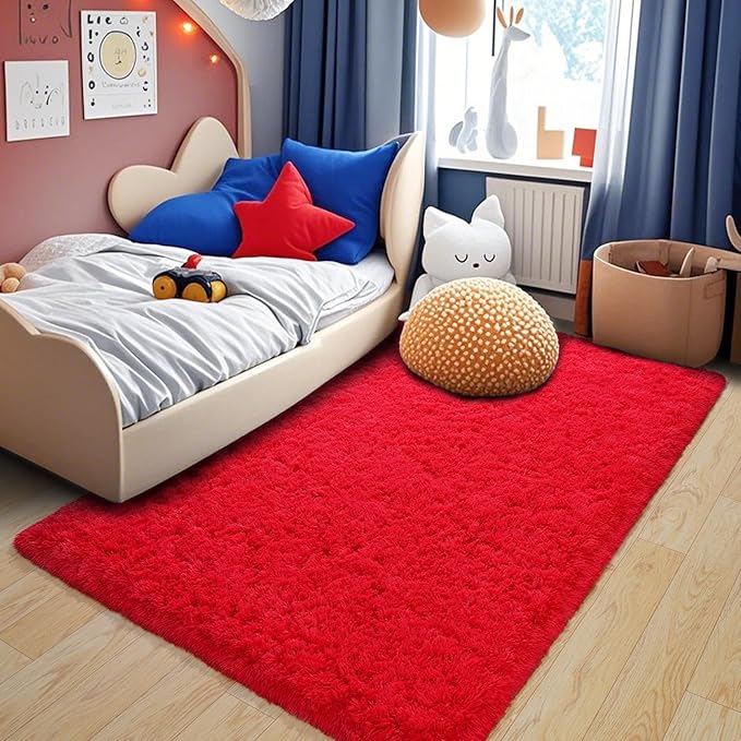 Fluffy Area Rug for Bedroom 4x6 Feet, Shag Soft Rug for Living Room, Indoor Comfy Cute Plush Bedside Carpet for Girls Boys Room Teens Dorm Nursery Decor, Red
