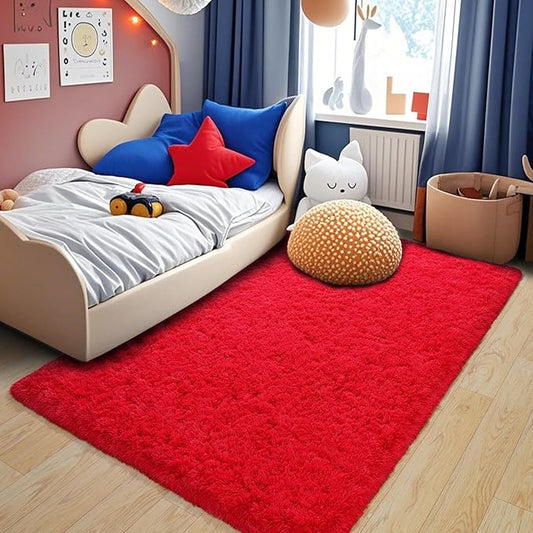 Fluffy Area Rug for Bedroom 4x6 Feet, Shag Soft Rug for Living Room, Indoor Comfy Cute Plush Bedside Carpet for Girls Boys Room Teens Dorm Nursery Decor, Red