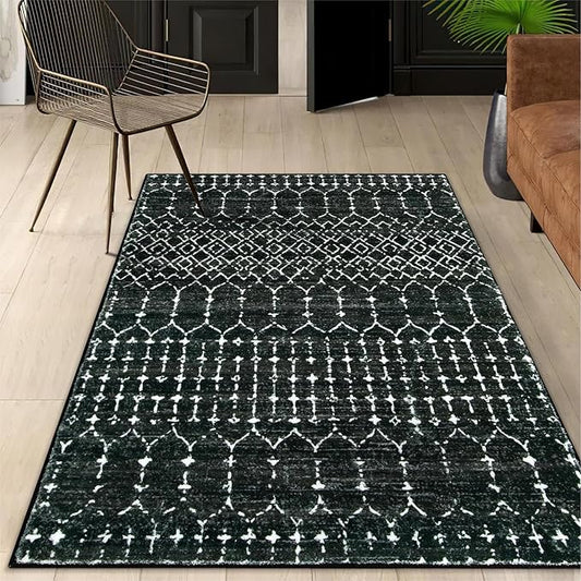 Lahome Moroccan Black Rug for Bedroom - Washable Area Rugs 4x6 Non-Slip Ultra-Thin Living Room Carpet Stain Resistant Throw Entryway Indoor Mat, Geometric Print Modren Carpet Rug for Office Kitchen