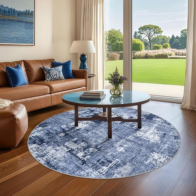4ft Round Area Rug Living Room Rugs - 4x4 Washable Large Soft Indoor Neutral Modern Abstract Low Pile Rug Carpet for Bedroom Dining Room Farmhouse Home Office - Navy Blue