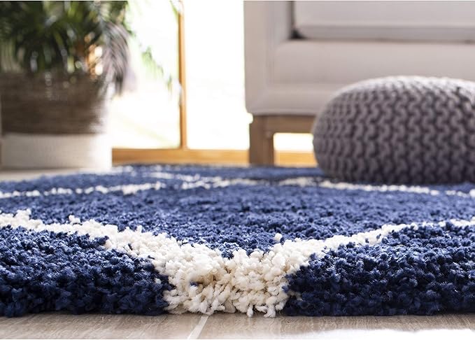 SAFAVIEH Hudson Shag Collection 9' Round Navy/Ivory SGH281C Modern Diamond Trellis Non-Shedding Living Room Bedroom Dining Room Entryway Plush 2-inch Thick Area Rug