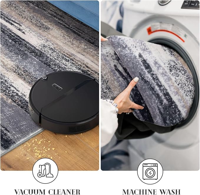 Modern Abstract Runner Rug 3x10, Grey Black Multi Washable Kitchen Runner Non-Slip Soft Hallway Rug Runner Thin Print Faux Wool Carpet for Entryway Bedroom Laundry Room Indoor Home Office Decor