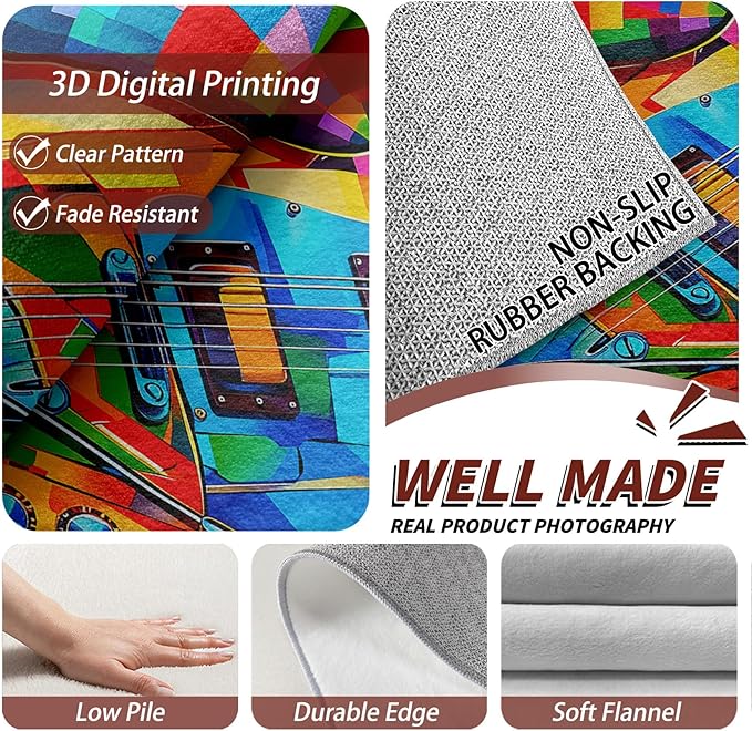 Guitar Rugs for Music Room - Guitar Rug, 8x10 Rug, Abstract Colorful Musical Area Rug, Multicolor Carpet, Washable & Non Slip & Soft Large Rugs, Guitar Home Decor Gifts