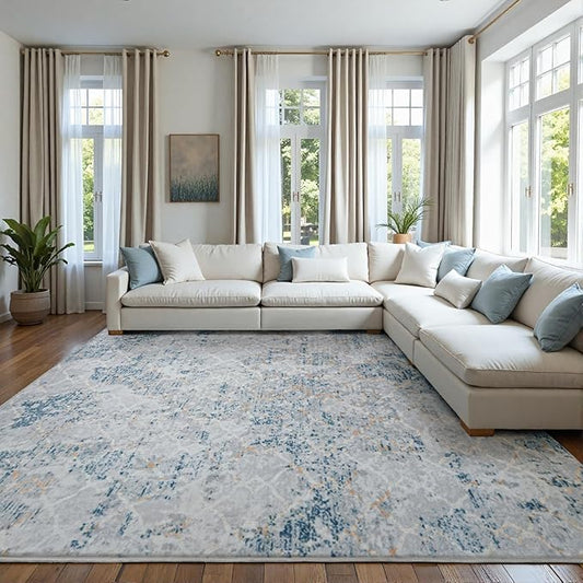 Area Rug 8x10 Machine Washable Rug Vintage Traditional Floor Cover Foldable Thin Retro Indoor Non Slip Carpet Floral Print Mat Bedroom Living Room Dining Room Office,Hidden Pattern Blue