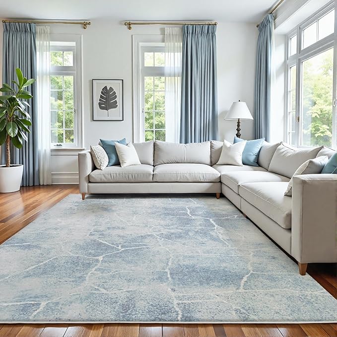 Area Rug 5x7 Machine Washable Rug Vintage Traditional Floor Cover Foldable Thin Retro Indoor Non Slip Carpet Floral Print Mat Bedroom Living Room Dining Room Office,Line Blue