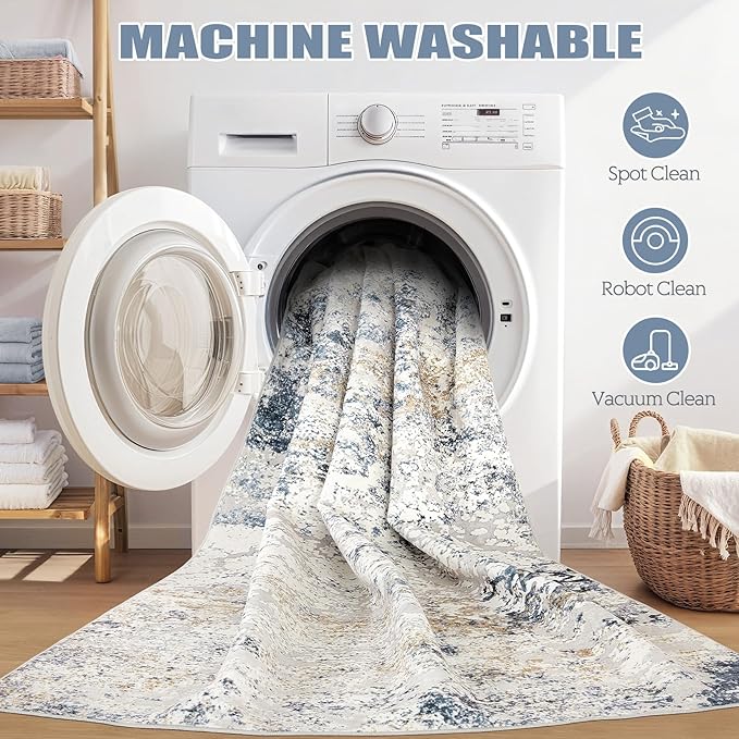 5ft Round Area Rug Living Room Rugs - 5x5 Washable Large Soft Indoor Neutral Modern Abstract Low Pile Rug Carpet for Bedroom Dining Room Farmhouse Home Office - Beige Blue