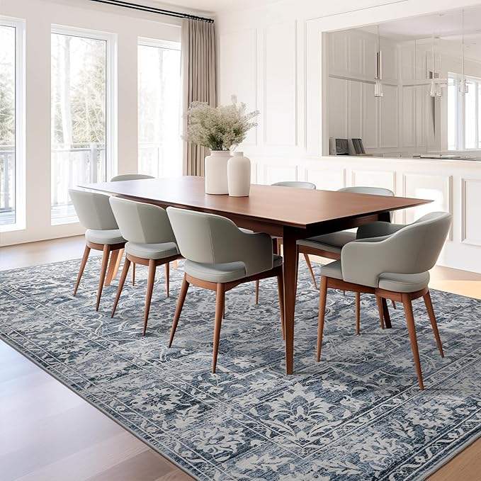 6x9 Area Rugs for Living Room, Stain Resistant Washable Rugs for Dining Room, Floral Vintage Non-Slip Thin Area Rug(Blue, 6'x9')