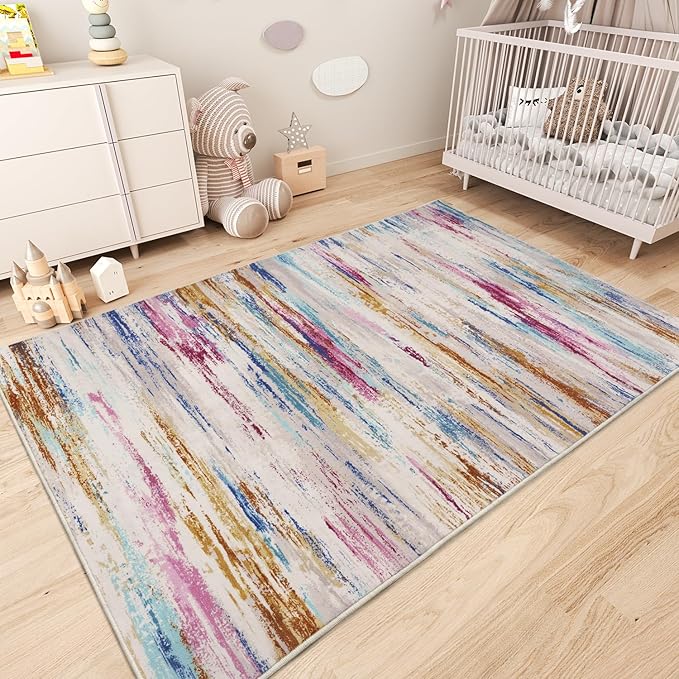 tchdio 3x5 Area Rugs for Living Room, Machine Washable Rug Entryway Door Rug Abstract Non Slip Small Bedside Rugs, Soft Indoor Carpet for Bedroom Office Dorm, Multi Color