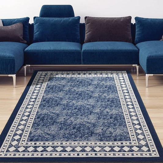 Antep Rugs Alfombras Modern Bordered 4x6 Non-Skid (Non-Slip) Low Profile Pile Rubber Backing Indoor Area Rugs (Navy Blue, 4' x 5'8")