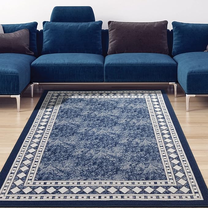 Antep Rugs Alfombras Modern Bordered 3x5 Non-Skid (Non-Slip) Low Profile Pile Rubber Backing Indoor Area Rugs (Navy Blue, 3' x 5')