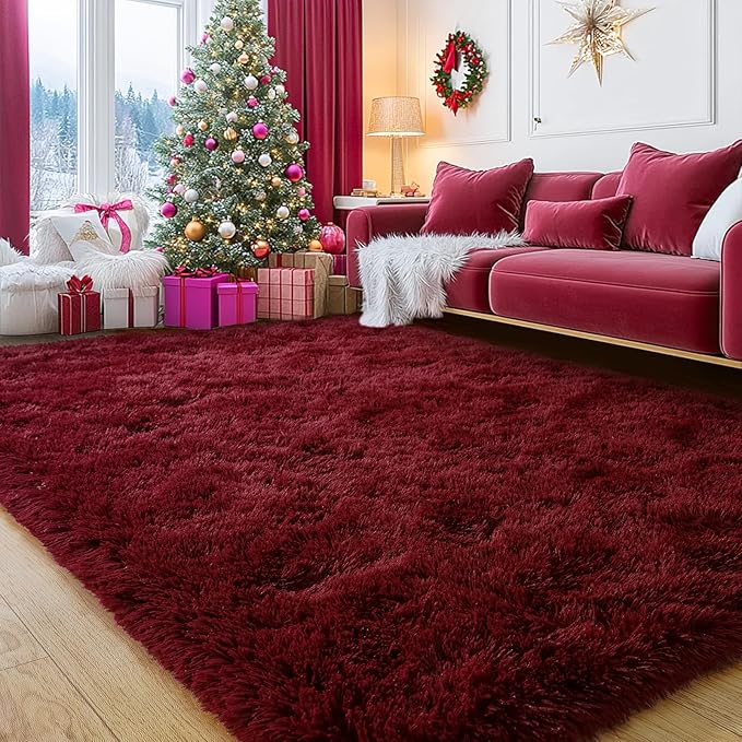 Burgundy Plush Rug for Living Room Fuzzy Carpet for Bedroom Dorm, Non-Slip High Pile Rug, Shag Rug for Playroom Nursery Home Office Decor 6X9 Ft