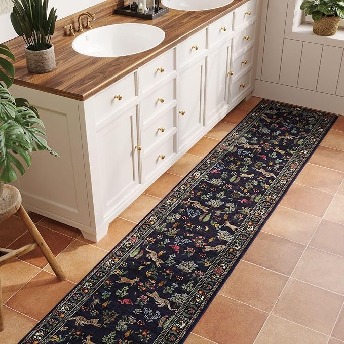 Runners for Kitchen Non Slip 2'x10' Long Washable Runner Rugs with Rubber Backing Soft Floral Animal Carpet Runner for Kitchen, Laundry, Bedroom, Bathroom (Blue)