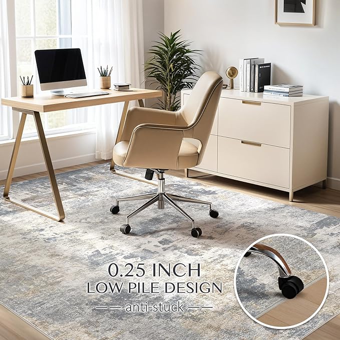 Abstract Living Room Rug 7x9 - Modern Washable Soft Thin Area Rug for Living Room Bedroom Under Dining Table - Neutral Indoor Floor Rug Carpets for Home Office Playroom Nursery - Blue Gold