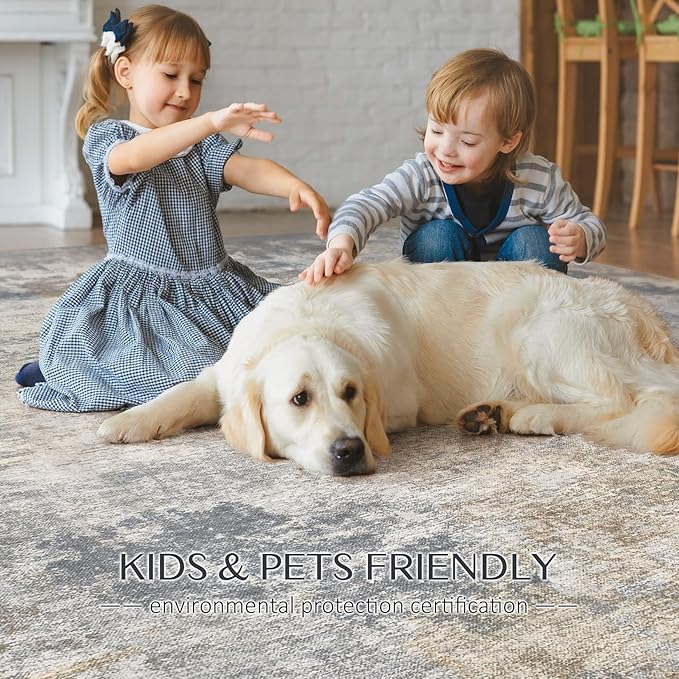 Abstract Living Room Rug 7x9 - Modern Washable Soft Thin Area Rug for Living Room Bedroom Under Dining Table - Neutral Indoor Floor Rug Carpets for Home Office Playroom Nursery - Blue Gold