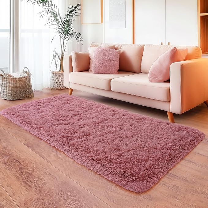 Blush Runner Area Rug for Hallway, Bedroom Bedside Plush Rugs, Non Slip Fluffy Shaggy Carpet for Kids Home Decor, Dorm Nursery 2x6 Ft