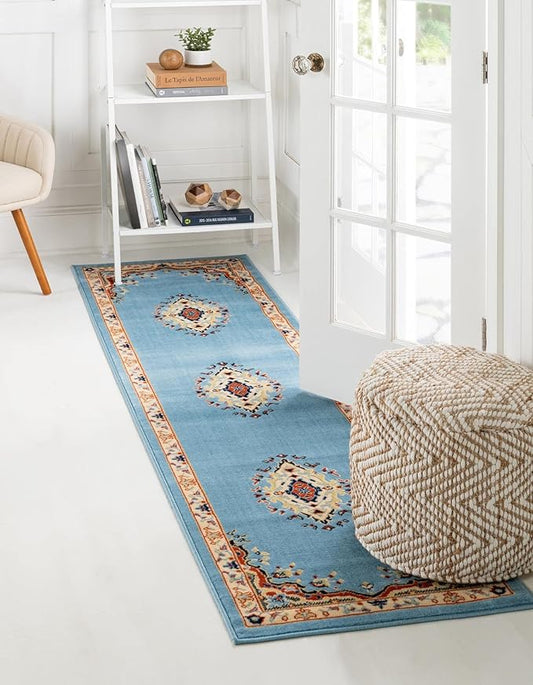 Unique Loom Reza Collection Traditional Persian Style Area Rug, Runner 3' 0" x 16' 5", Light Blue/Ivory