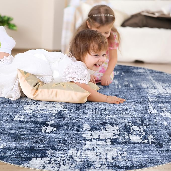 8ft Round Area Rug Living Room Rugs - 8x8 Washable Large Soft Indoor Neutral Modern Abstract Low Pile Rug Carpet for Bedroom Dining Room Farmhouse Home Office - Navy Blue