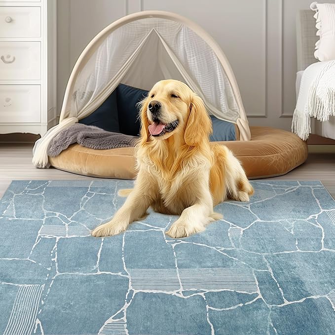 Area Rug 3x5 Machine Washable Rug Vintage Traditional Floor Cover Foldable Thin Retro Indoor Non Slip Carpet Floral Print Mat Bedroom Living Room Dining Room Office,Stone Crevice Blue