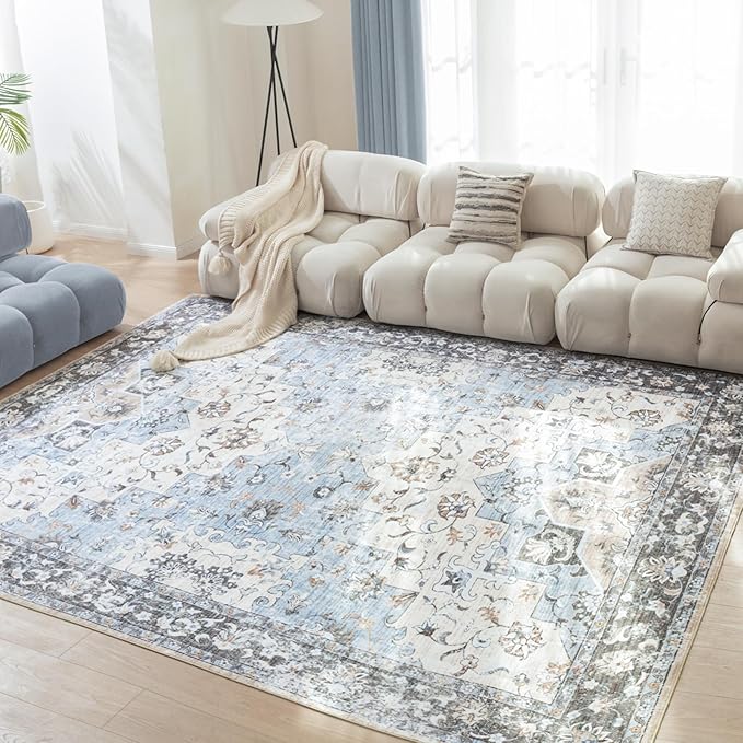 Area Rug 8x10 Machine Washable Rug Vintage Traditional Floor Cover Foldable Thin Retro Indoor Non Slip Carpet Floral Print Mat Bedroom Living Room Dining Room Office,Dahlia Blue