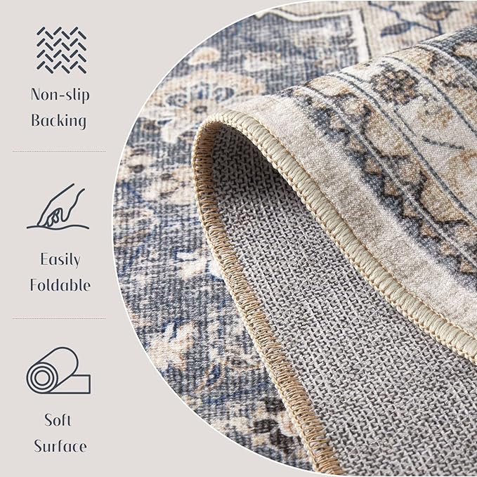 3x5 Washable Entryway Rug: Non-Slip Soft Indoor Throw Area Rug for Living Room Bedroom Kitchen, Boho Floral Distressed Durable Carpet for Hallway Bathroom Laundry Home Decor (Blue/Beige)