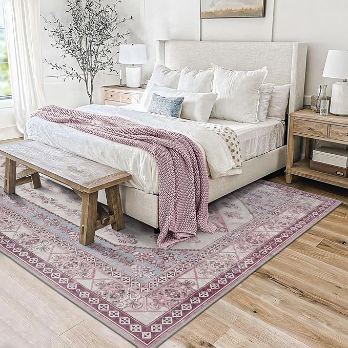 Rineflo-8'x10' Area Rugs,Machine Washable Rug for Living Room Dinner Room Bedroom,Bohemian Style Soft Non Slip Rug Carpet,Oriental Vintage Low Pile Large Area Rug (Pink, 8'x10')