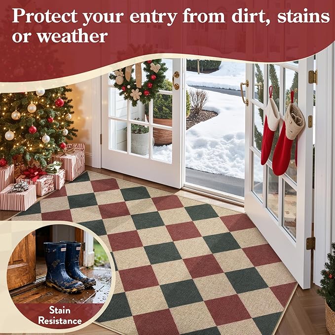 Lahome Christmas Checkered 3x5 Rug, Christmas Indoor Mats for Entryway Front Porch Indoor Outdoor Carpet, Checkerboard Green and Red Non Shedding Carpet for Patio Kitchen